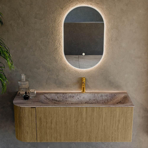 MONDIAZ KURVE-DLUX 125cm badmeubel ronding Links kleur Dusk met 1 lade en 1 deur. Wastafel BIG MEDIUM Rechts 1 kraangat Oza. SW1432989