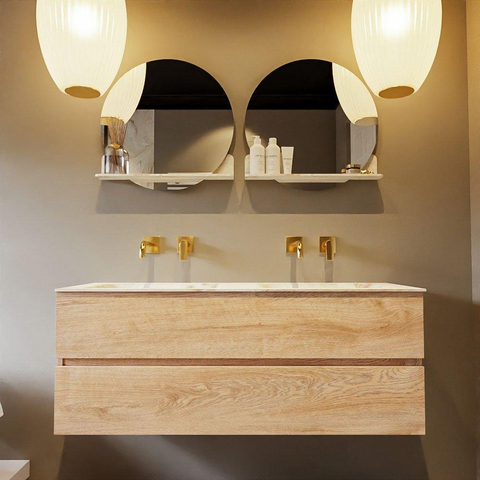 MONDIAZ VICA-DLUX Ensemble meuble de salle de bains - 130cm - meuble bas Washed oak - 2 tiroirs - vasque encastrée cloud double - sans trous de robinetterie - version hauteur 60cm - frape SW1088786