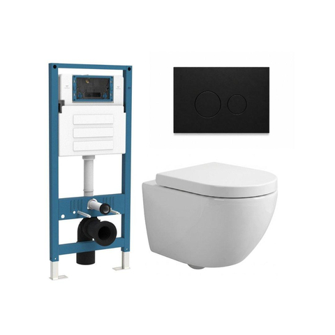QeramiQ Dely Swirl Compact Ensemble WC - réservoir encastré QeramiQ flush - abattant 25mm - plaque de commande métallique noir mat - boutons ronds - blanc brillant SW1590594