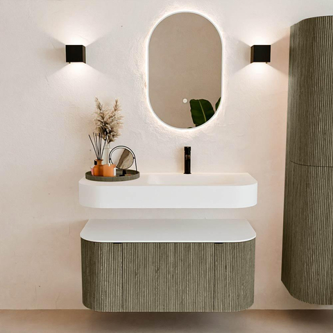 MONDIAZ THOR 100cm meuble de salle de bains arrondi gauche + droite couleur Shadow avec 1 tiroir et 2 portes. Vasque suspendue CLOUD Droite 1 trou de robinet couleur Talc. SW1467433