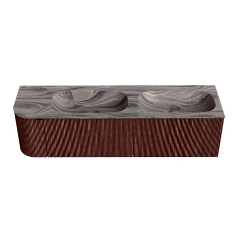 MONDIAZ KURVE-DLUX meuble de salle de bains 165cm arrondi à gauche couleur Ruby avec 2 tiroirs et 1 porte. Lavabo STOR SMALL Double / Bol à droite 2 trous de robinet Sombra. SW1433999