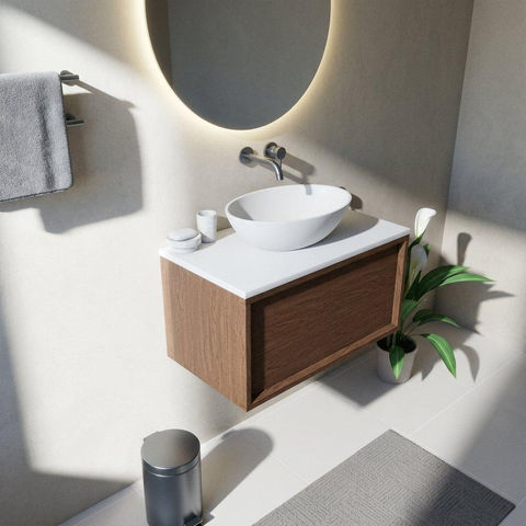Saniclass Holz Frame Badkamermeubelset - 80x45x42.5cm - Torino solid surface topblad wit - zonder kraangat - 1 lade - mat walnut pure (hout) SW1478699