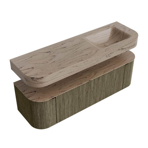 MONDIAZ THOR-DLUX 150cm meuble de salle de bains arrondi gauche + droite couleur Shadow avec 1 tiroir et 2 portes. Vasque suspendue CLOUD Droite 1 trou de robinet couleur Arena. SW1464745