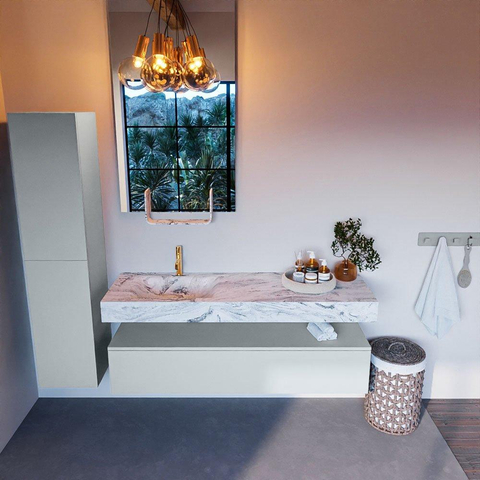 Mondiaz ALAN-DLUX Ensemble de meuble - 150cm - meuble Clay mat - 1 tiroir - Lavabo Cloud Glace suspendu - vasque Gauche - 1 trou de robinet SW806308