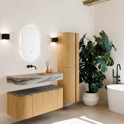 MONDIAZ THOR-DLUX 110cm badmeubel ronding links + rechts kleur Oak met 1 lade en 2 deuren. Vrijhangende wastafel CLOUD Midden zonder kraangat kleur Sombra. SW1463054