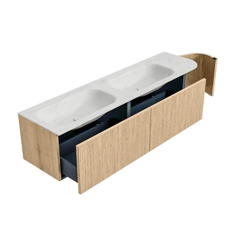 MONDIAZ KURVE-DLUX Meuble de salle de bains 175cm avec module 25 R couleur Oak avec 2 tiroirs et 1 porte. Plan-vasque STOR SMALL double / gauche sans trou de robinet couleur Opalo. SW1137619