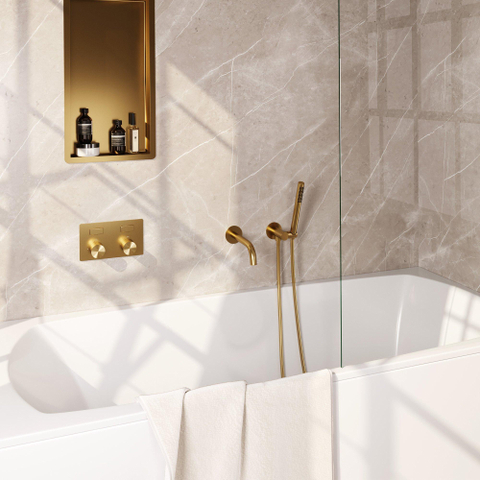 BRAUER Stripe Mitigeur thermostatique de baignoire - boutons-poussoirs - SET 03 - encastré - bec - douchette à main - flexible de douche - coude mural - PVD or brossé mat SW1434830