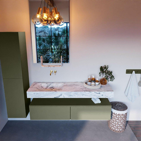 Mondiaz ALAN-DLUX Ensemble de meuble - 150cm - meuble Army mat - 2 tiroirs - Lavabo Cloud Glace suspendu - vasque Gauche - 0 trous de robinet SW805977