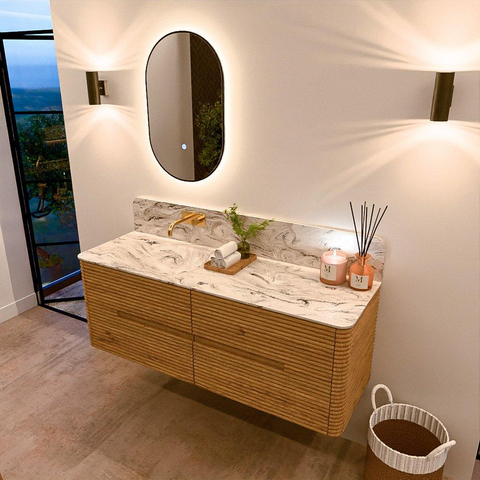 Mondiaz CIRO-DLUX Badkamermeubelset - 140x45x50cm - Solid surface wastafel Glace - 1 wasbak Links - zonder kraangaten - 4 lades - Oak SW1530831