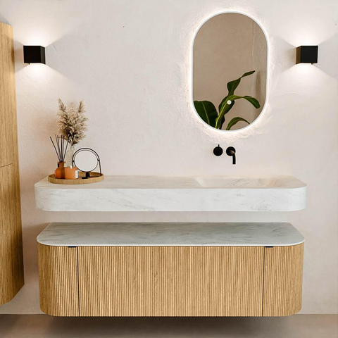 MONDIAZ THOR-DLUX Meuble de salle de bains 150cm arrondi gauche + droite couleur Oak avec 1 tiroir et 2 portes. Vasque suspendue CLOUD Droite sans trou de robinet couleur Opalo. SW1467671