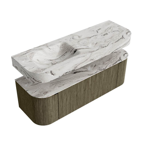 MONDIAZ THOR-DLUX 140cm badmeubel ronding links + rechts kleur Shadow met 1 lade en 2 deuren. Vrijhangende wastafel CLOUD Links zonder kraangat kleur Glace. SW1464131