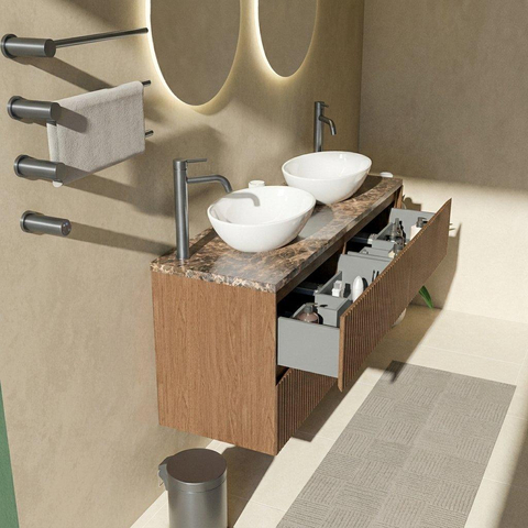 Saniclass Holz Atelier Ensemble meuble de salle de bains - 140x45x63cm - plan de travail en pierre naturelle Noche Dark Emperador - 2 trous de robinet - 4 tiroirs - noyer pur mat (bois) SW1478323