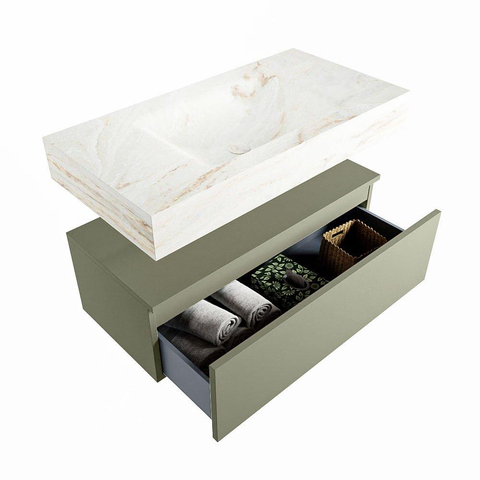 Mondiaz ALAN-DLUX Ensemble de meuble - 90cm - meuble Army mat - 1 tiroir - Lavabo Cloud Frappe suspendu - vasque Centre - 0 trous de robinet SW805387