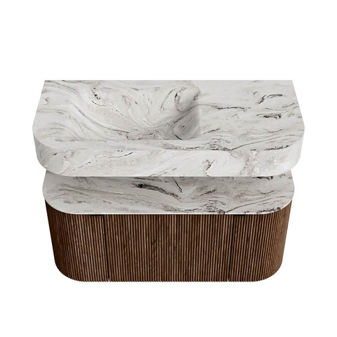 MONDIAZ THOR-DLUX 100cm meuble de salle de bains arrondi gauche + droite couleur Walnut avec 1 tiroir et 2 portes. Vasque suspendue CLOUD Gauche sans trou de robinet couleur Glace. SW1467335