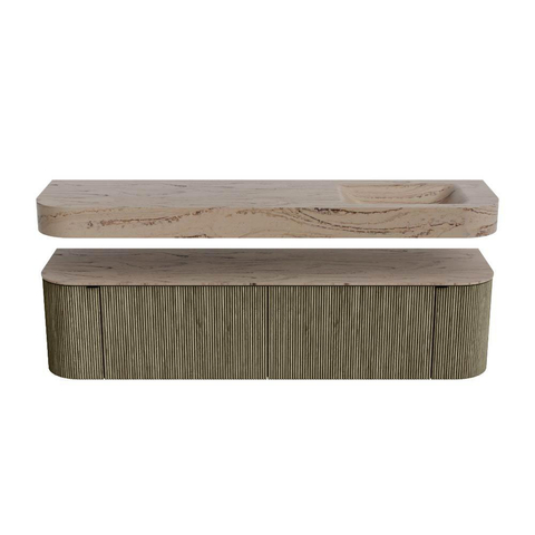 MONDIAZ THOR-DLUX 180cm meuble de salle de bains arrondi gauche + droite couleur Shadow avec 2 tiroirs et 2 portes. Vasque suspendue CLOUD Droite 1 trou de robinet couleur Arena. SW1466171