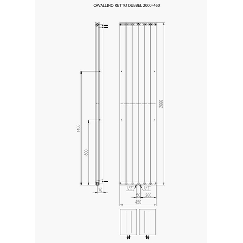 Plieger Cavallino Retto designradiator verticaal dubbel middenaansluiting 2000x450mm 1287W wit 7255356