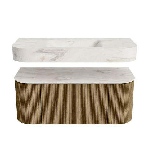 MONDIAZ THOR-DLUX 110cm meuble de salle de bains arrondi gauche + droite couleur Dusk avec 1 tiroir et 2 portes. Vasque suspendue CLOUD Milieu 1 trou de robinet couleur Ostra. SW1462796