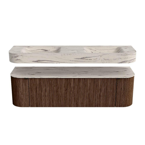 MONDIAZ THOR-DLUX 160cm meuble de salle de bains arrondi gauche + droite couleur Walnut avec 1 tiroir et 2 portes. Vasque suspendue CLOUD Double sans trou de robinet couleur Nata. SW1465273