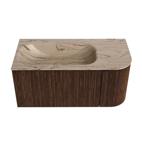 MONDIAZ KURVE-DLUX meuble de salle de bains 95cm arrondi droit couleur noyer avec 1 tiroir et 1 porte. Lavabo BIG SMALL gauche sans trou de robinet Arena. SW1431176