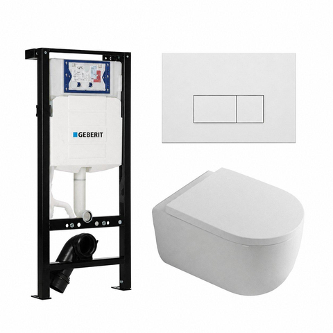 QeramiQ Dely Swirl Pack WC - 36.3x51.7cm - réservoir encastré Geberit UP320 - assise de 35mm - plaque de commande en métal blanc mat - boutons rectangulaires - blanc brillant SW1413316