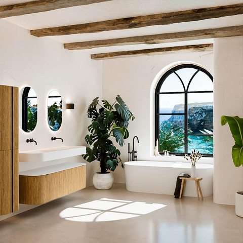MONDIAZ THOR 150cm badmeubel ronding links + rechts kleur Oak met 1 lade en 2 deuren. Vrijhangende wastafel CLOUD Dubbel zonder kraangat kleur Talc. SW1464564