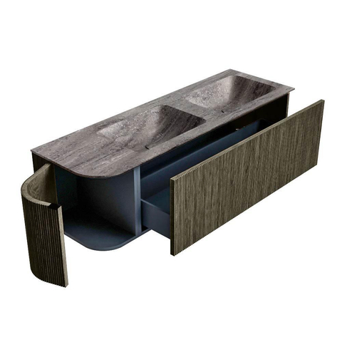 MONDIAZ KURVE-DLUX meuble de salle de bains 145cm arrondi à gauche couleur Shadow avec 1 tiroir et 1 porte. Lavabo LEAF Double / droit 2 trous de robinet Oza. SW1432923