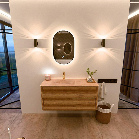 Mondiaz CIRO-DLUX Meuble de salle de bains - 110x45x50cm - Plan-vasque Solid surface Saba - 1 vasque à gauche - 1 trou de robinet - 2 tiroirs - Chêne SW1531180