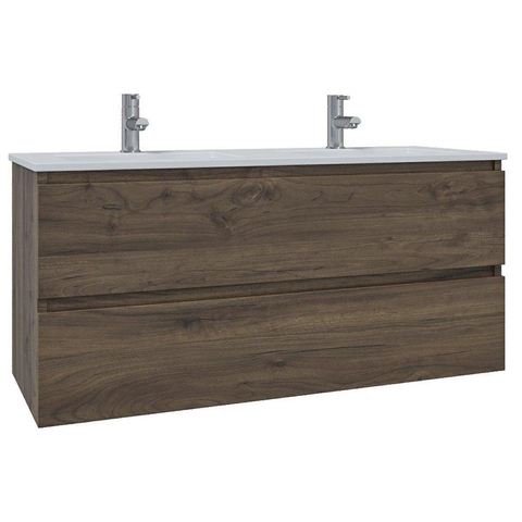 Saniclass Chaci Ensemble meuble de salle de bains - 120x46x55cm - lavabo en céramique blanc - 2 vasques - 2 trous de robinet - 2 tiroirs - miroir rond avec éclairage - noyer (bois) SW816304