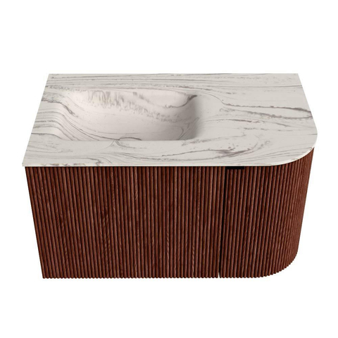 MONDIAZ KURVE-DLUX meuble de salle de bains 75cm arrondi à droite couleur Ruby avec 1 tiroir et 1 porte. Lavabo GRUNNE à gauche sans trou de robinet Nata. SW1432499