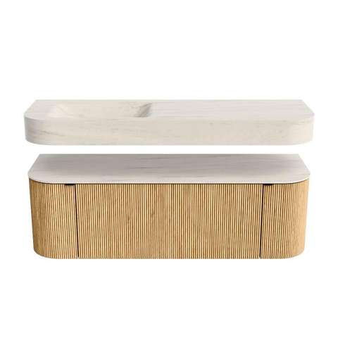 MONDIAZ THOR-DLUX 140cm badmeubel ronding links + rechts kleur Oak met 1 lade en 2 deuren. Vrijhangende wastafel CLOUD Links zonder kraangat kleur Meli. SW1464380