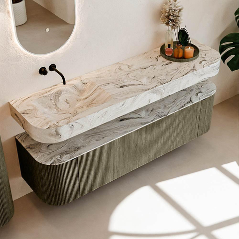 MONDIAZ THOR-DLUX 170cm meuble de salle de bains arrondi gauche + droite couleur Shadow avec 1 tiroir et 2 portes. Vasque suspendue CLOUD gauche sans trou de robinet couleur Glace. SW1465536