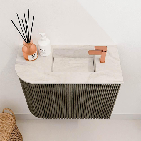 Mondiaz JOYA-DLUX Meuble de toilette 51,6cm - arrondi gauche couleur Shadow - Vasque FAYE position Droite 1 trou de robinet couleur Ostra SW1423046
