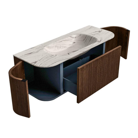 MONDIAZ KURVE-DLUX 120cm badmeubel ronding Links + Rechts kleur Walnut met 1 lade en 2 deuren. Wastafel BIG SMALL Midden 1 kraangat Nata. SW1432166