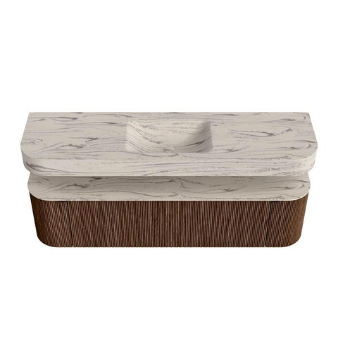 MONDIAZ THOR-DLUX 170cm meuble de salle de bains arrondi gauche + droite couleur Walnut avec 1 tiroir et 2 portes. Vasque suspendue CLOUD Milieu 1 trou de robinet couleur Nata. SW1465780
