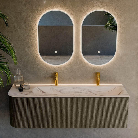 MONDIAZ KURVE-DLUX Meuble de salle de bains 145cm arrondi à gauche couleur Shadow avec 1 tiroir et 1 porte. Lavabo BIG LARGE à droite 2 trous de robinet Nata. SW1432308