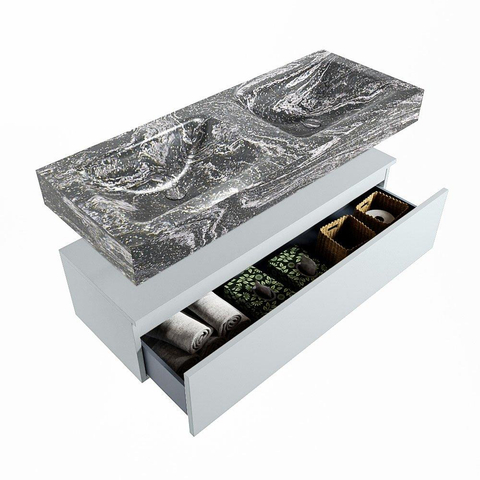 Mondiaz ALAN-DLUX Ensemble de meuble - 120cm - meuble Clay mat - 1 tiroir - Lavabo Cloud Lava suspendu - vasque Gauche et droite - 0 trous de robinet SW808714