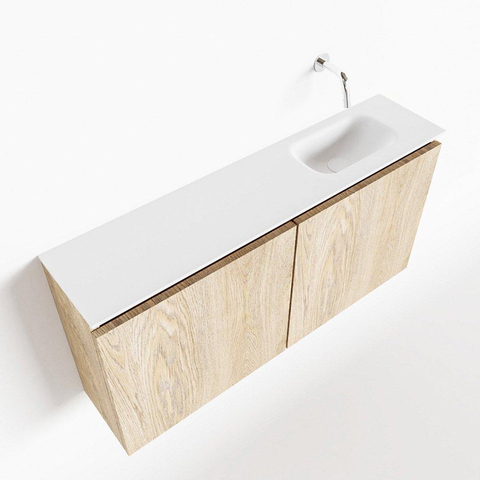 MONDIAZ TURE Fonteinset - 100x23x50cm - 0 kraangaten - 2 deuren - washed oak mat - Wasbak rechts - Solid Surface Wit SW475168