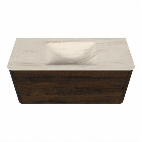 Mondiaz CIRO-DLUX Badkamermeubelset - 110x45x50cm - Solid surface wastafel Meli - 1 wasbak Midden - zonder kraangaten - 2 lades - Walnut SW1530469