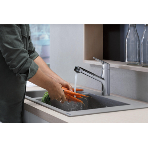 Hansgrohe Focus m42 1 greeps keukenmkr - 150 met uittrekb uitoop - sbox - rvs look SW241714