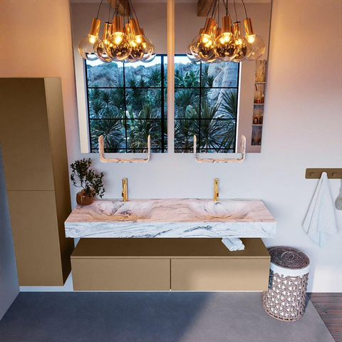 Mondiaz ALAN-DLUX Ensemble de meuble - 150cm - meuble Oro mat - 2 tiroirs - Lavabo Cloud Glace suspendu - vasque Gauche et droite - 2 trous de robinet SW806134