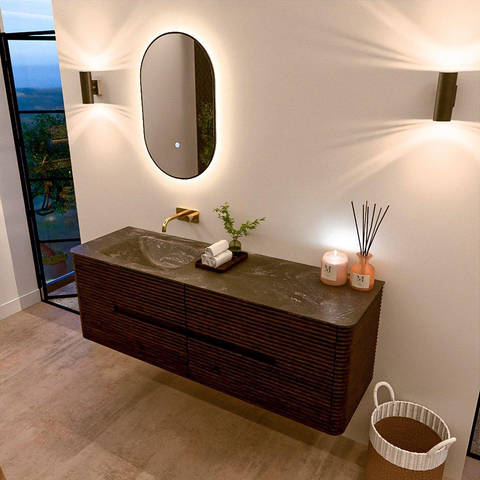 Mondiaz CIRO-DLUX Meuble de salle de bains - 150x45x50cm - lavabo solid surface Lava - 1 vasque à gauche - sans trous de robinetterie - 4 tiroirs - Noyer SW1530174