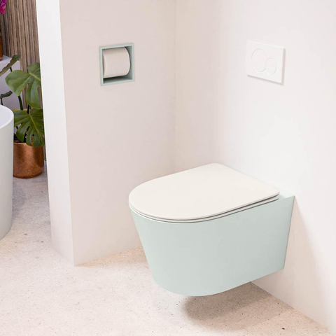 Mondiaz LAVIE hangtoilet – spoelrandloos – 36 x 53 cm – met softclose zitting – Greey (lichtgroen/grijs), zitting Linen (offwhite) SW1208650