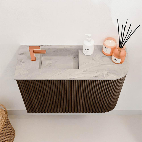 Mondiaz JOYA-DLUX Meuble de toilette 61,6cm - arrondi droit couleur Noyer - Vasque FAYE position Gauche 1 trou de robinet couleur Glace SW1422373