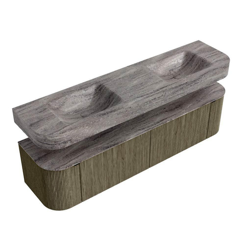 MONDIAZ THOR-DLUX 180cm meuble de salle de bains arrondi gauche + droite couleur Shadow avec 2 tiroirs et 2 portes. Vasque suspendue CLOUD Double sans trou de robinet couleur Oza. SW1466334