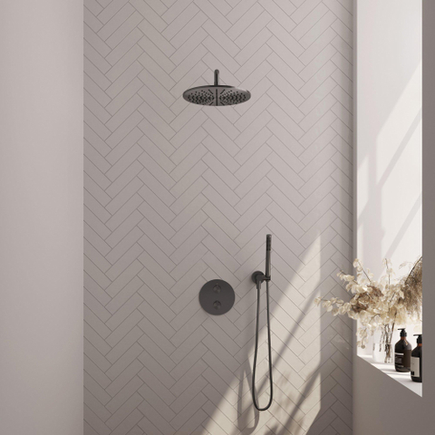 BRAUER Gunmetal Edition douche de pluie encastrée thermostatique - 3 voies - rond - set 76 - pomme de douche 30cm - bras mural courbé - douchette barre - flexible de douche - coude mural - gunmetal brossé PVD SW1159138