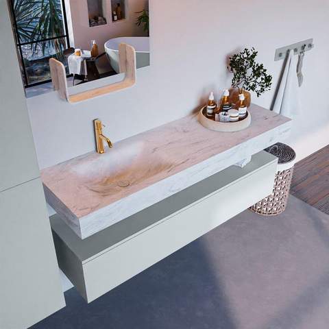 Mondiaz ALAN-DLUX Ensemble de meuble - 150cm - meuble Clay mat - 1 tiroir - Lavabo Cloud Opalo suspendu - vasque Gauche - 1 trou de robinet SW807019