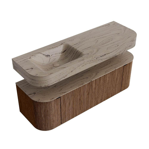 MONDIAZ THOR-DLUX 140cm meuble de salle de bains arrondi gauche + droite couleur Walnut avec 1 tiroir et 2 portes. Vasque suspendue CLOUD gauche 1 trou de robinet couleur Arena. SW1464401