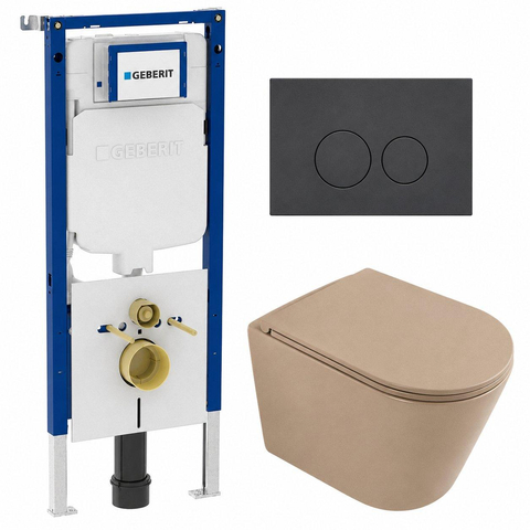 QeramiQ Dely Ensemble WC - 36,3x51,7cm - cuvette à fond creux - sans bride - réservoir encastré Geberit UP720 - abattant WC à fermeture amortie - plaque de commande anthracite mat - boutons ronds - beige mat SW1426539