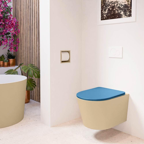 Mondiaz LAVIE hangtoilet – spoelrandloos – 36 x 53 cm – met softclose zitting – Sand (beige), zitting Jeans (blauw) SW1208645