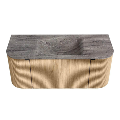 MONDIAZ KURVE-DLUX Meuble de salle de bains 110cm arrondi Gauche + Droite couleur Chêne avec 1 tiroir et 2 portes. Lavabo CLOUD Central sans trou de robinet Oza. SW1432608